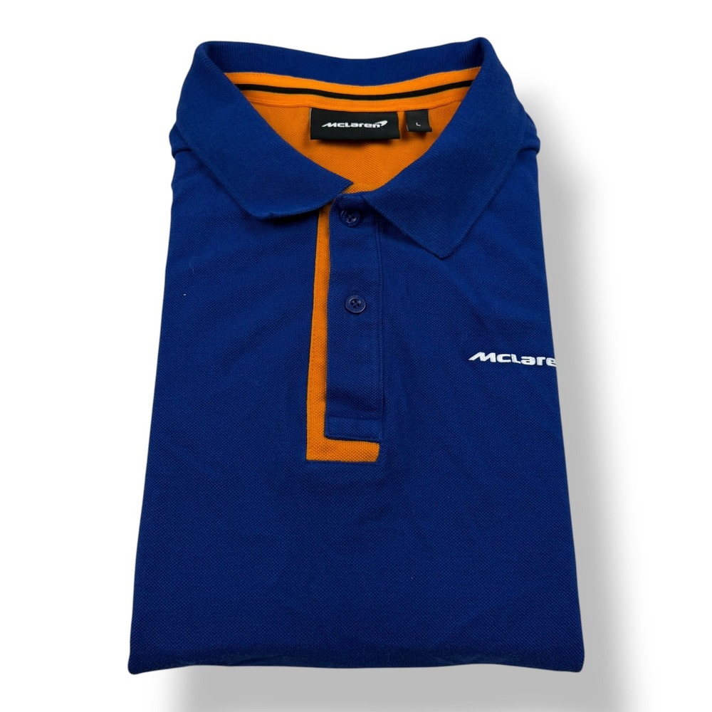 McLaren Mens F1 Racing Polo Shirt Blue Orange Cotton Sz Large Fearlessly Forward